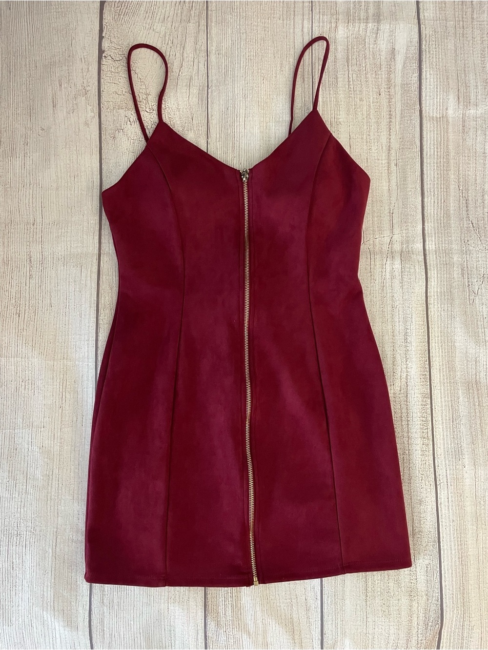 IRIS Women’s Spaghetti Strap Faux Velvet Zip Front Mini Dress in Burgundy Size L